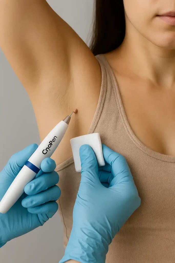 woman having cryopen to remove underarm skin tags Billingshurst