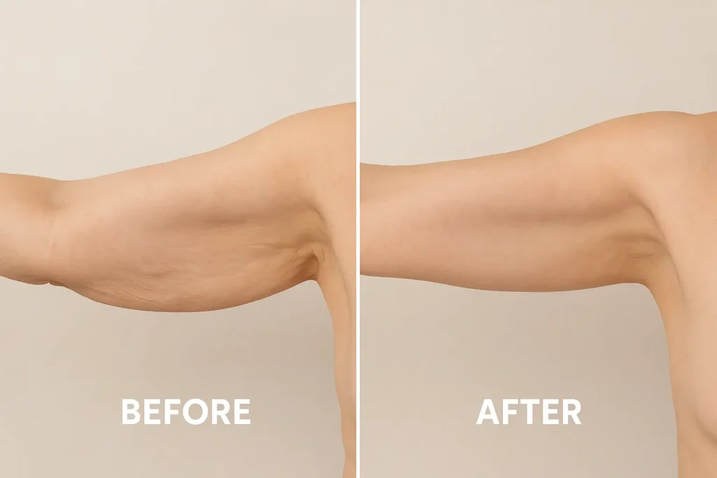 Picture of LA LIPO Billingshurst before and after results of skin tightening treatment on the upper arms.