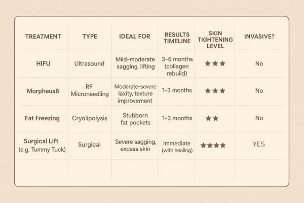 Table showing the comparisons of Skin tightening Billingshurst treatment options.